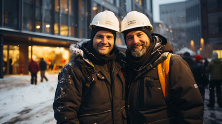 Two men in helmets on the background of the city center in winterの素材