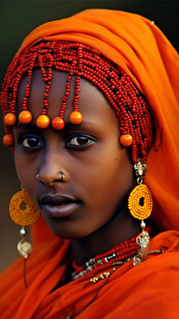 Portrait of a beautiful young African woman in orange clothes with beadsの素材
