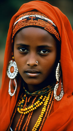 Portrait of a beautiful young African woman wearing a red headscarfの素材