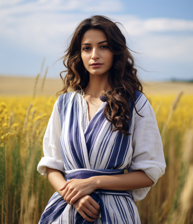 Portrait of a beautiful young brunette woman in a wheat fieldの素材