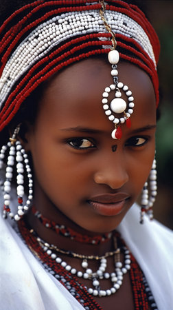 Portrait of a beautiful young African woman with beads on her headの素材
