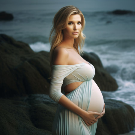 Pregnant woman in white dress on the seashore.の素材