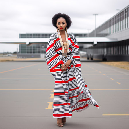 Fashionable afro american woman in striped jumpsuit posing outdoor.の素材