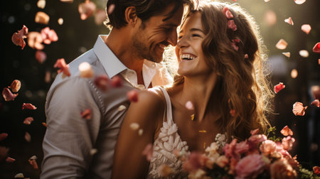 Wedding couple kissing in the garden with rose petals.の素材