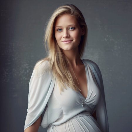 Portrait of beautiful young woman in white dress. Studio shot.の素材