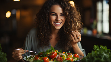 Portrait of beautiful young woman eating salad in restaurant. Healthy food.の素材