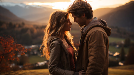 Romantic couple looking at each other while standing in the mountains at sunsetの素材