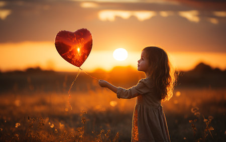 Cute little girl holding heart shaped balloon in field at sunset.の素材