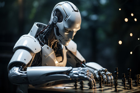 Robot humanoid playing chess. Artificial intelligence concept. 3D renderingの素材