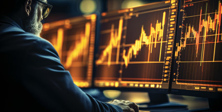 Businessman analyzing investment charts on computer monitor. Investment and trading concept.の素材