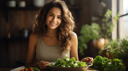 Beautiful young woman is preparing salad in the kitchen at home.の素材