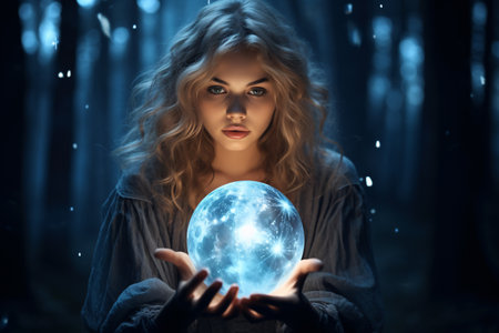 Young woman holding a glowing planet in her hands in the dark forestの素材