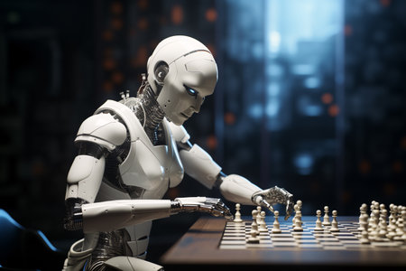 3d rendering robot playing chess in server room, artificial intelligence conceptの素材
