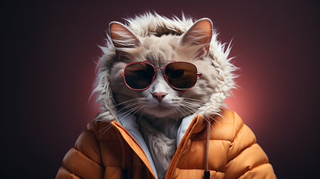 Hipster cat wearing orange jacket and red sunglasses on dark backgroundの素材