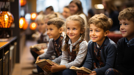 Group of children reading books in a library. Selective focus.の素材