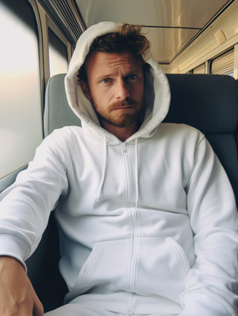 Handsome young man in a white hoody sitting in the passenger carの素材
