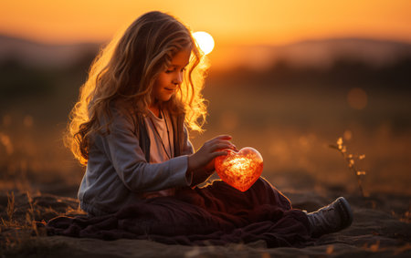 Little girl playing with heart shaped candle in the field at sunset.の素材