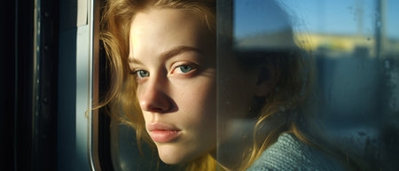 Portrait of a young woman looking through the window of a trainの素材