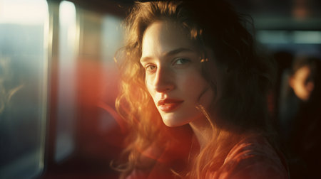 Portrait of a beautiful young woman with long curly hair in a red sweater.の素材