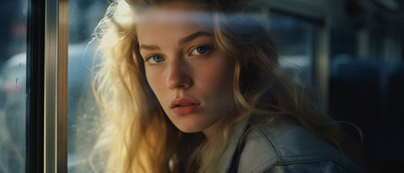 Portrait of a beautiful young woman with long blonde hair looking through the window of a trainの素材