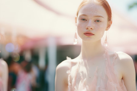 Portrait of a beautiful red-haired girl in a pink dress.の素材