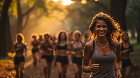 Group of young women running in the forest at sunset. Group of female friends jogging together.の素材
