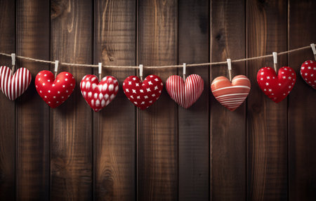 Hearts hanging on a rope against a wooden wall. Valentines day backgroundの素材