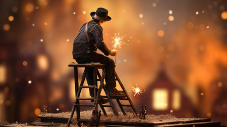 Man in hat sitting on stepladder and holding burning sparklersの素材