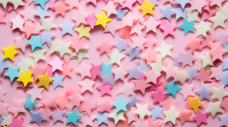 Colorful stars confetti on a pink background. Festive background.の素材