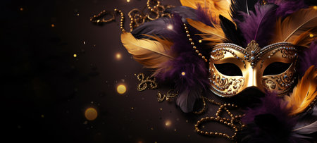 Mardi Gras carnival mask with feathers and beads on black backgroundの素材