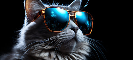 Siberian cat wearing sunglasses on black background. Close-up.の素材