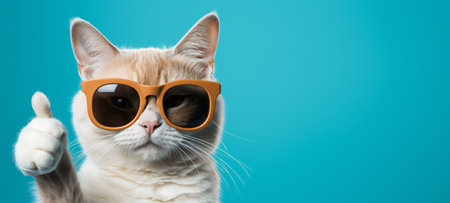 Funny cat wearing orange sunglasses and showing thumbs up on blue backgroundの素材