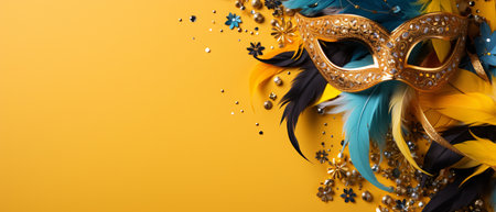 Carnival mask with feathers and beads on yellow background, top view. Space for textの素材