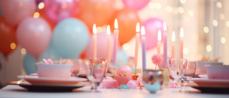 Festive table setting with candles and confetti on blurred background, closeupの素材