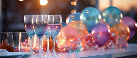 Glasses of champagne on a table in a restaurant decorated with balloonsの素材