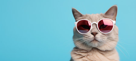 Funny cat wearing sunglasses on blue background. Banner with copy spaceの素材