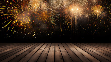 Fireworks and wooden floor with space for text. New Year backgroundの素材