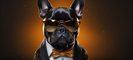 Portrait of french bulldog wearing bow tie and sunglasses on dark backgroundの素材