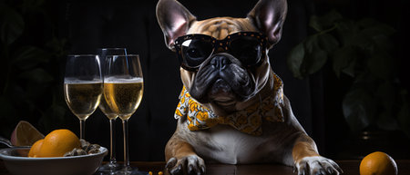 French bulldog in sunglasses with two glasses of champagne on dark backgroundの素材