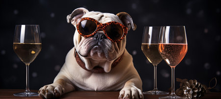 French bulldog in glasses with two glasses of wine on black backgroundの素材