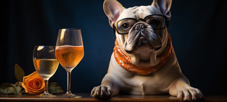 French bulldog with glasses of white wine and rose on black backgroundの素材