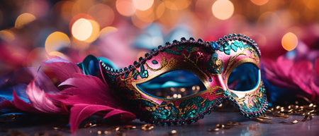 Carnival masks with feathers on bokeh background, close upの素材