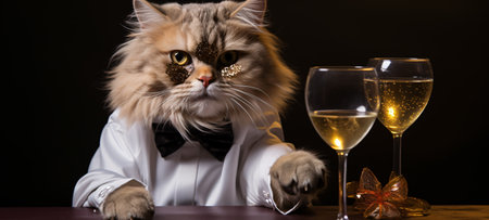 Portrait of a long-haired cat in a bow tie and glasses of wine on a black backgroundの素材