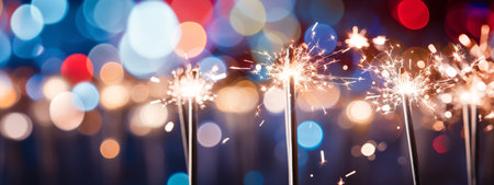 Christmas and New Year party sparklers on bokeh background, bannerの素材