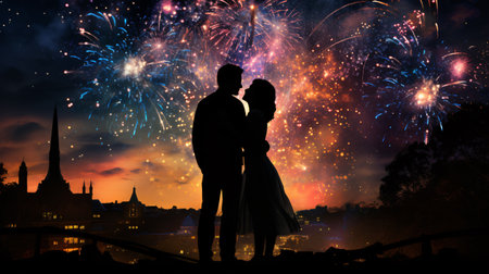 Silhouette of a loving couple in front of fireworks background.の素材