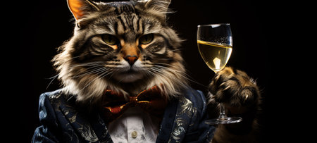 Portrait of a beautiful cat with a glass of white wine.の素材