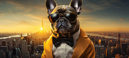 French bulldog dog wearing sunglasses and bowtie on city backgroundの素材