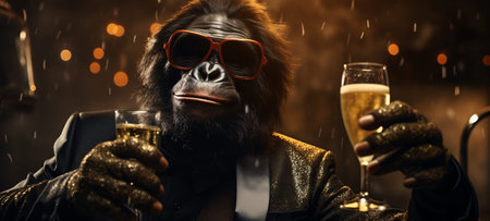 Chimpanzee with a glass of champagne on a dark backgroundの素材