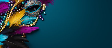 Mardi Gras background with carnival mask, feathers and beadsの素材