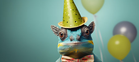Close-up portrait of a frog with a birthday hat and balloons.の素材